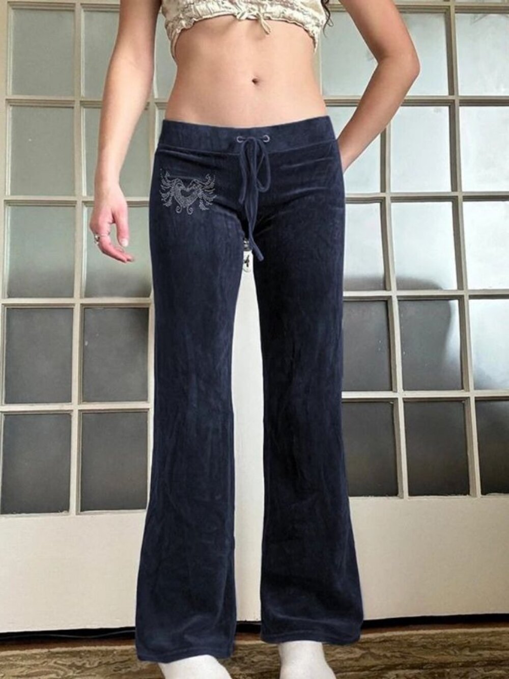 Y2K Rhinestone Heart Velvet Low Rise Bootcut Sweatpants Navy Grey Track Pants